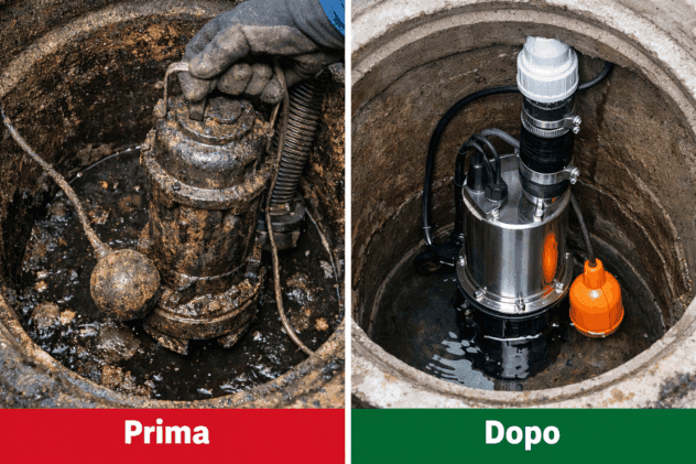 pozzetto pulito e pompa installata con galleggiante in posizione corretta